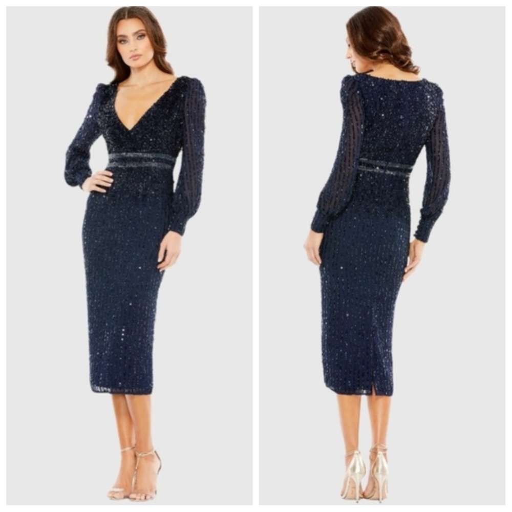 Mac Duggal Navy Sequined V Neck Bishop Sleeve Dress 16 XL